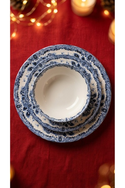 KÜTAHYA HOME Blue Romance 24 Parça Desenli Porselen Yemek Takımı – Şık Sofra ...