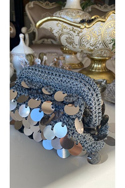 PeriStore Silver Gümüş Pullu Gece Çantası El Örmesi 22x20cm