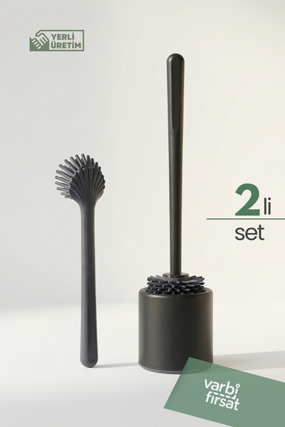 Varbifırsat 2'li Set Silikon Uçlu Tuvalet -Klozet WC Fırçası ve Bulaşık Fırçası Seti