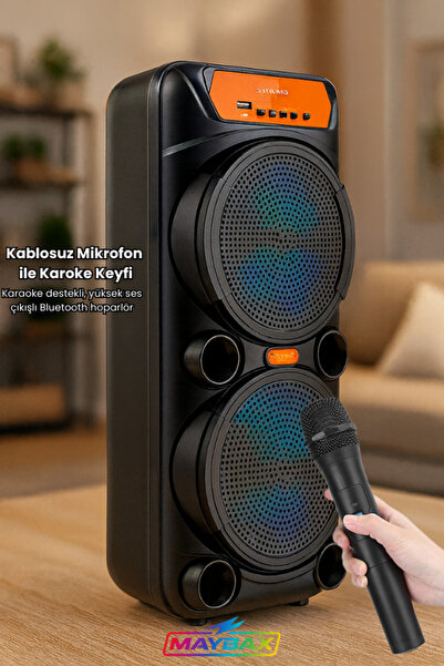 Maybax Taşınabilir Bluetooh FM USB TF Kart Destekli RGB Led Işıklı Kablosuz Mikrofonlu Parti Hoparlörü