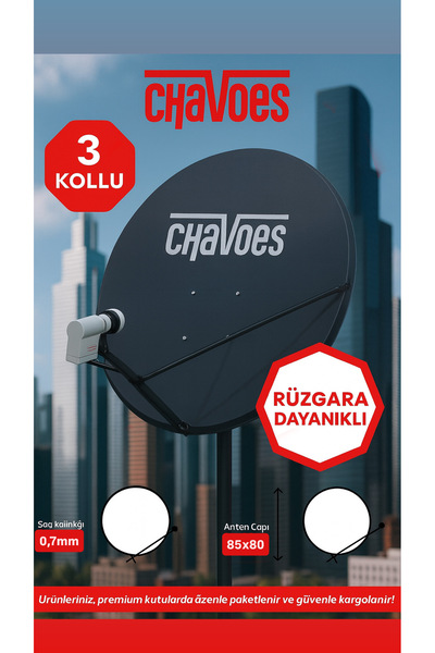 Chavoes Çanak Anten 85CM 3 Kollu Delikli Rüzgara Dayanıklı + Çiftli LNB + 20M...