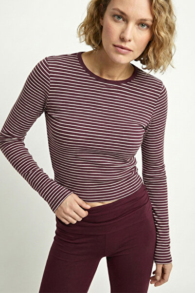 VODENS بلوزة بأكمام طويلة وياقة دائرية مصنوعة من القطن بنسبة 100% باللون العنابي