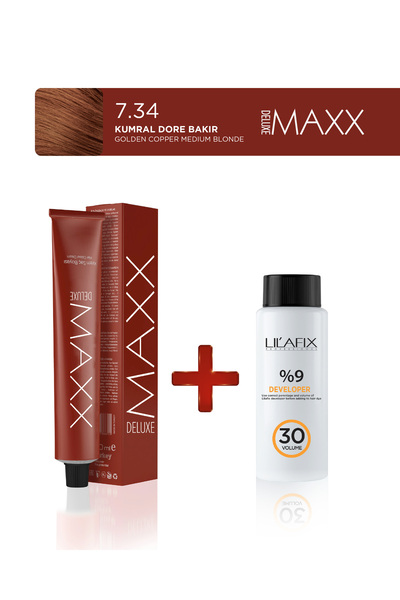 MAXX DELUXE Tüp Saç Boyası 100 ml - 30V Oksidan 7.34 Kumral Dore Bakır