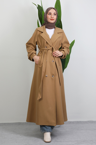 GİYZAMİLA Long 6-Button Coat, Milk Coffee Color