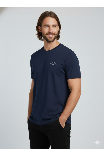 Jack & Jones Men's Navy Blue Jjcollege Logo Tee Ss Crew Neck T-Shirt 12288105-Navyblaze