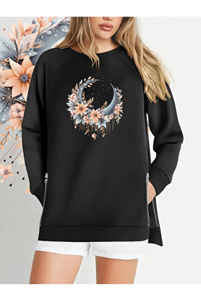 Curvy Trend سترة كبيرة الحجم بوهو هلال مطبوع بأكمام راجلان من القماش الناعم ذ...