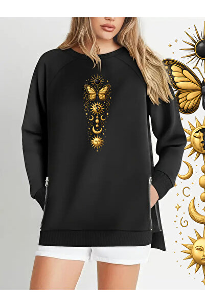 Curvy Trend Büyük Beden Sembol Baskılı Fermur Yırtmaç Detaylı Yumuşak Dökümlü...