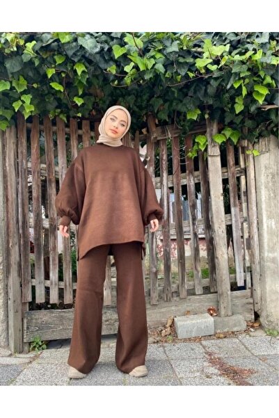 MODASPARK طقم تريكو نسائي محتشم بأكمام بالون وسروال واسع