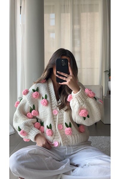 El örgüsü El Örgüsü Gül Detayli Kadın Hırka, Çiçekli Hırka