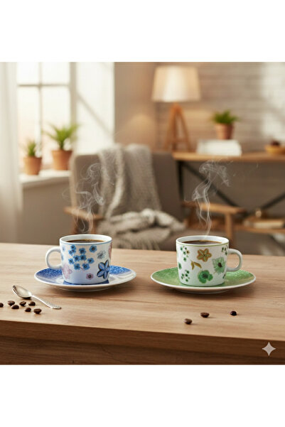 English Home Derry Porcelain 4 Piece Coffee Cup Set for 2 People-Blue/Green-80 ml