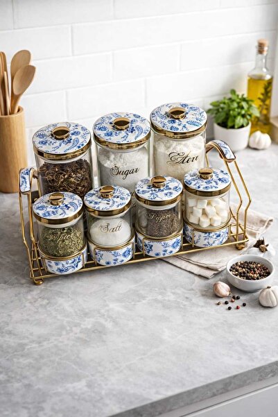 GUNES ZUCCACIYE Ruby 7'li Standlı Porselen ve Cam Baharat Takımı Gold Metal D...