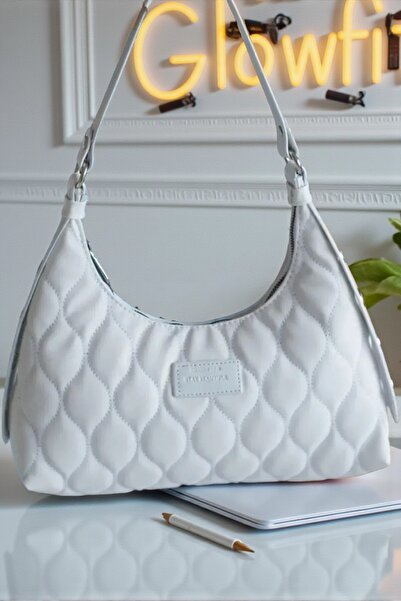 Glowfit Shine Your Shape Kadın Beyaz Kapitone Desenli Baget Omuz Çantası, Günlük Kullanıma Uygun El ve Omuz Çantası