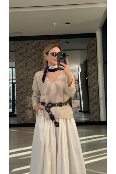 FEMİAS Bej Ajurlu V Yaka Bluz