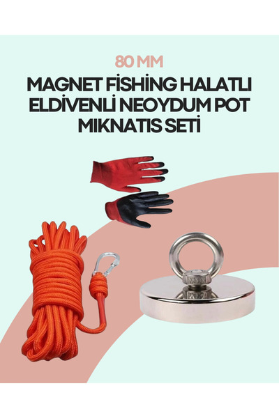 AYMAGNET Magnet Fishing Halatlı Eldivenli Neodyum Pot Mıknatıs Seti, 80mm Büy...