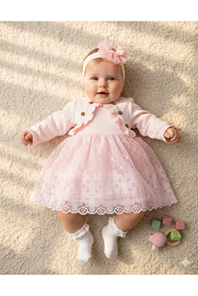 Miniday Baby Kız Bebek Mevlütlük Elbise Bandanalı Dantelli