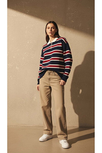 Hafel Kadın Polo Yaka Oversize Triko Tunik Kazak Lacivert Bordo Çizgili