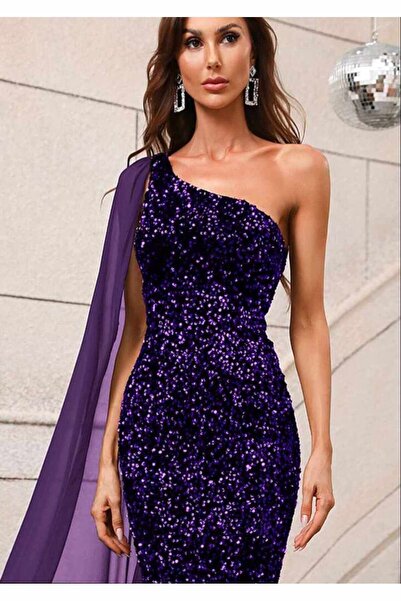 SELİN MODA EVİ TEK OMUZ ŞİFON PELERİN KOLLU KADİFE ELBİSE