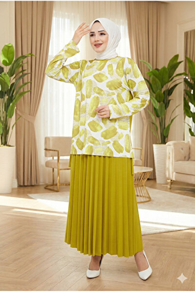 modamira kadın sandy yağ yeşil yazlık rahat kalıp 2li eteği piliseli ikil tes...