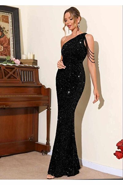 SELİN MODA EVİ TEK OMUZ KRİSTAL DETAYLI KADİFE ELBİSE