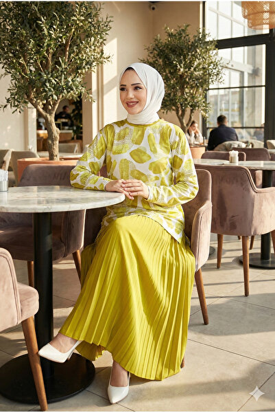 modamira kadın sandy yağ yeşil yazlık rahat kalıp 2li eteği piliseli ikil tes...