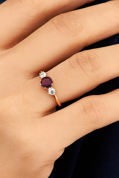 Siset Gümüş 925 Ayar Rose Kaplama Ametist Taşlı Gümüş Yüzük