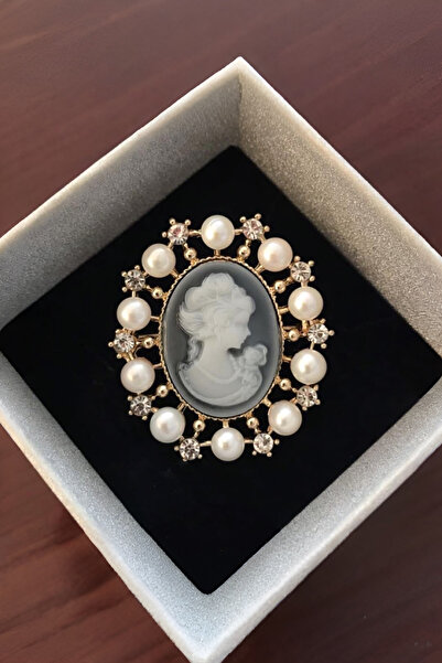 model aksesuar Vintage Comeo İncili Kristal Taşlı Broş