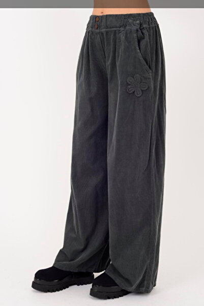 AYASOFYA OTANTIK بنطلون نسائي إيطالي من القطيفة بلون أنثراسيت مع خصر مطاطي وتفاصيل نقش الزهور وجيوب وساق واسعة