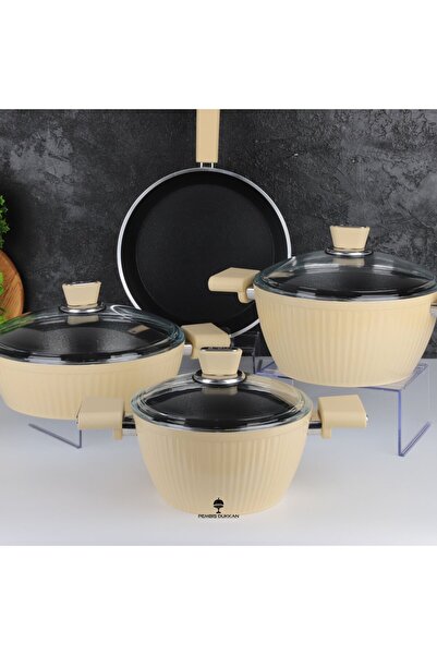 RİVO HOME DECOR طقم أواني طهي من الجرانيت المصبوب غير اللاصق من أرو جيالو، 7 قطع، لون كريمي، مقاوم للحريق وغير قابل للالتصاق