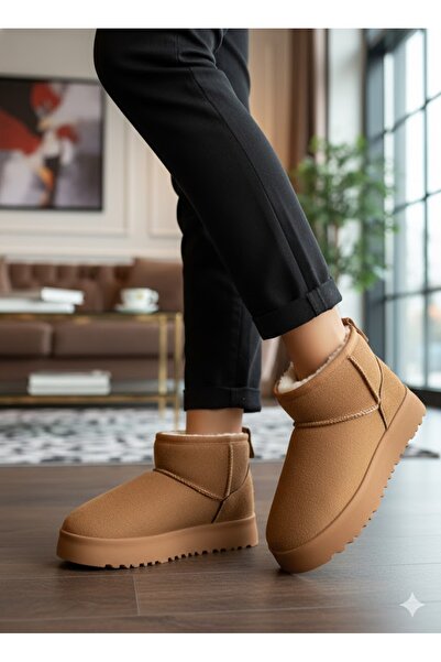 Lurji Mini Taba Süet Yarım Bot Içi Tüylü Düz Taban Kadın Ayakkabı