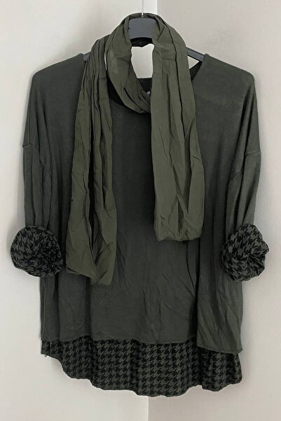 AYASOFYA OTANTIK Women's Italian Khaki Round Neck Houndstooth Pattern Scarf-Lined Knitwear Blouse