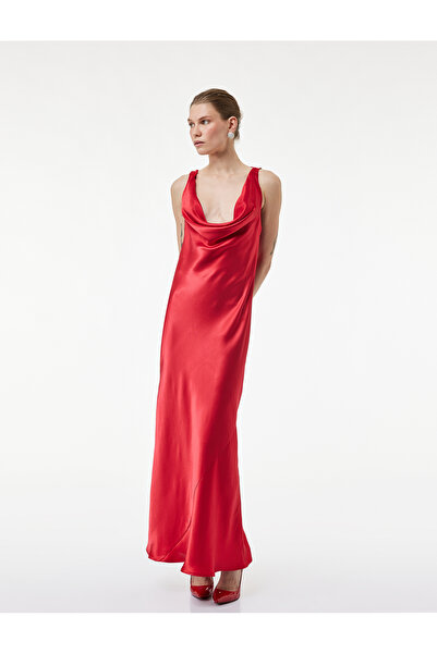 Koton Sleeveless Degaje Collar Viscose Blended Satin Long Evening Dress