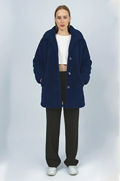 Betimoda Women's Plush Buttoned Pocketed Teddy Shirt Collar Warm Soft Winter Coat Navy Blue