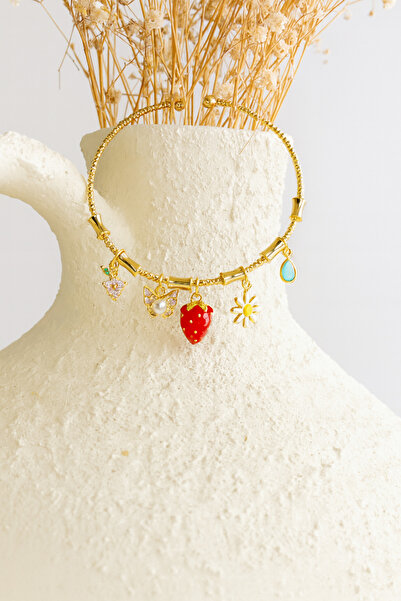 Minia Charm Sallantılı Çilek Boncuklu Kararmaz Altın Renk Ayarlanabilir Kadın...