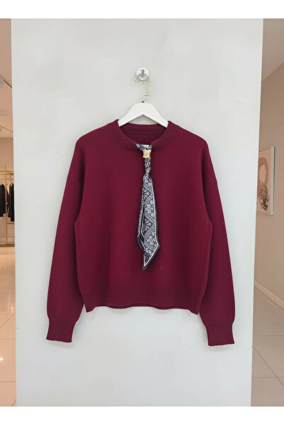 mahira collection Burgundy guler rotund Pulover tricotat cu eșarfă