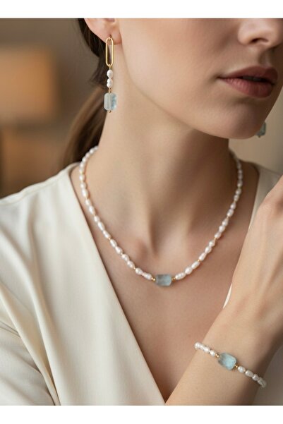 Zokak Sertifikalı Gerçek inci Akuamarin taşı seti, Özel tasarım ,sınırlı sayı...