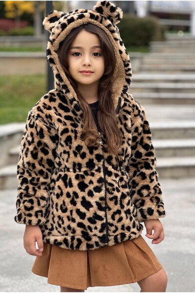 Calisa معطف فرو الفهد المخملي للفتيات - 3/12 سنة - معطف شتوي