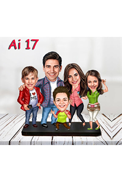 Genel Markalar Kişiye Özel Ahşap Biblo - Aile Karikatür Biblo - 5 Kişilik Ail...