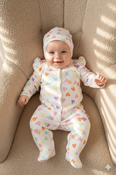 Miniday Baby Baby Girl Printed Jumpsuit with Hat and Heart