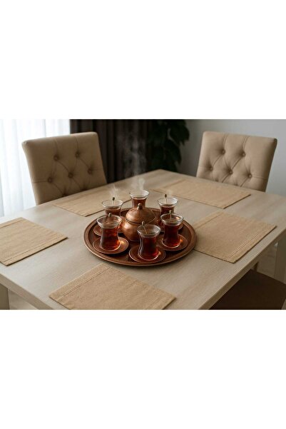 Tanrıkulu Bakırcılık Copper Hand Tattoo Tea Set & Tea Presentation Set with Copper Tray for 6 People (6 Cups with Gift)