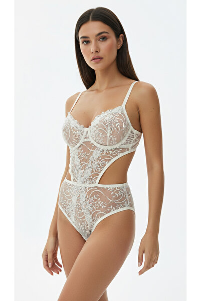 HAMA LOVE Women's White Lace Bodysuit Lingerie Set
