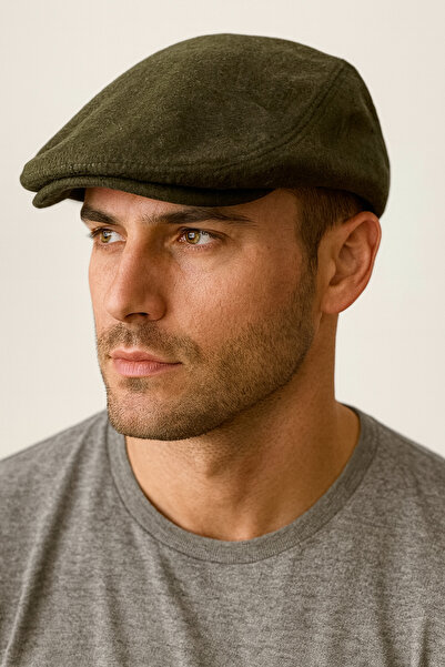 Rupen Kraft Winter London Model Wool Fabric Unisex Flat Pocket Khaki Green Cap Hat (Elastic)