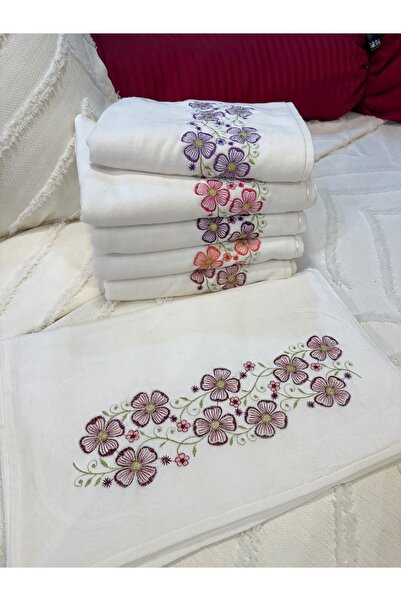 ŞENER HOME Set de 6 prosoape de mână din catifea brodate Sycamore 50x90cm alb - OUTLET