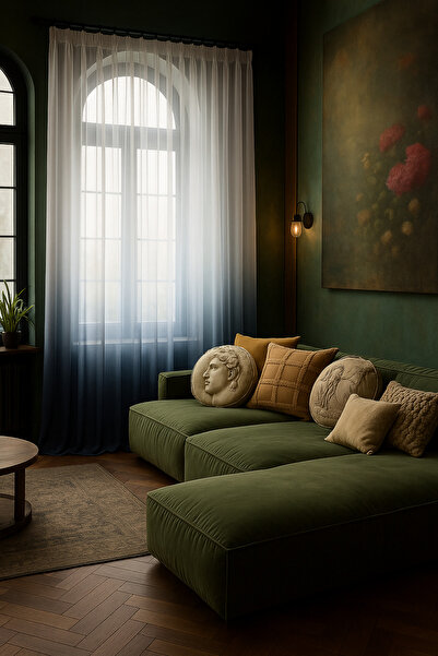 Alacastore Dokuma Şeffaf Lacivert Geçişli Degrade Serisi Pilesiz Düz Renk Tül...