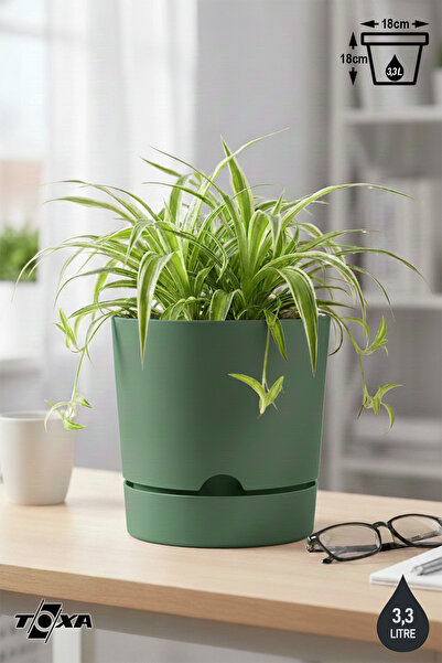 ToXA 3.3 Litre Yeşil Begonya Saksı Tabaklı Dekoratif Mat Plastik Saksı