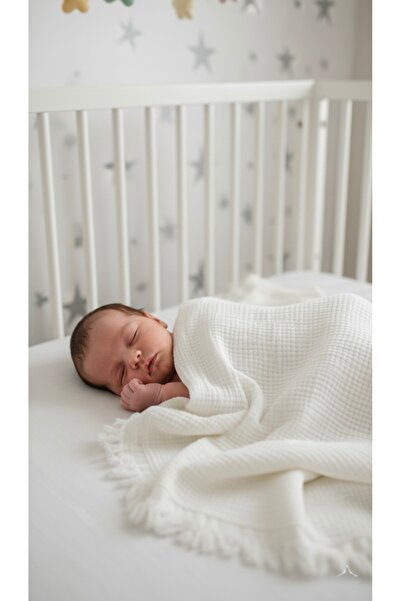Heianmono Kids 4 Layer Cream Color 100% Cotton Muslin Fringed Baby Blanket (1...