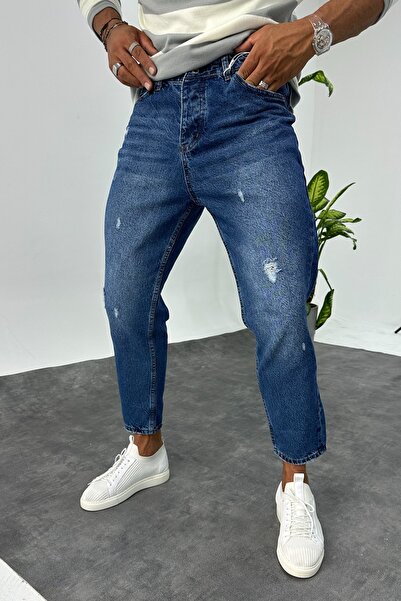MADZEYMODA Boyfriend Ανδρικό σκισμένο λεπτομερές μπλε τζιν παντελόνι