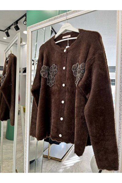 MRM MERAM BUTİK Hatun Angora Embroidered Cardigan (Size 36-42 Compatible) - Bitter Brown - Standard