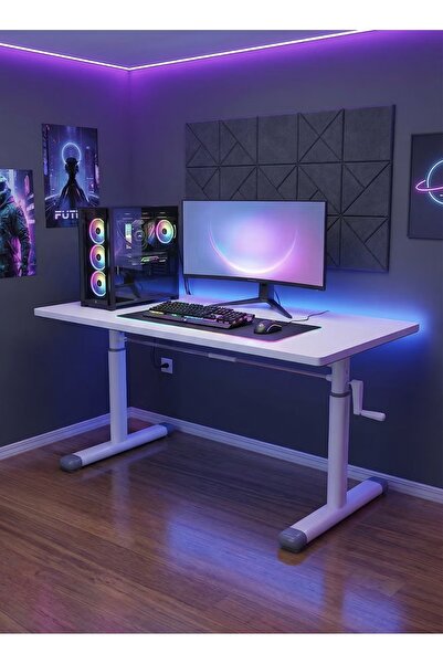 ESMART Large Height-Adjustable Gaming Desk with Steel Legs, Computer Table, White- 120L x 60W x (63-90)H cm