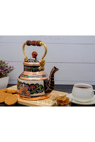 ERİZA 1.7 Liter Hand Embroidered Nostalgic Single Tinned Copper Large Teapot, Teapot, Kettle