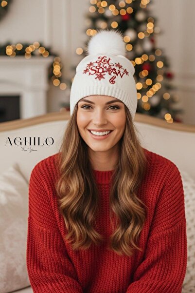 Aghilo - Beyaz Kış Temalı ''let It Snow'' Özel Gün Beresi Ponponlu